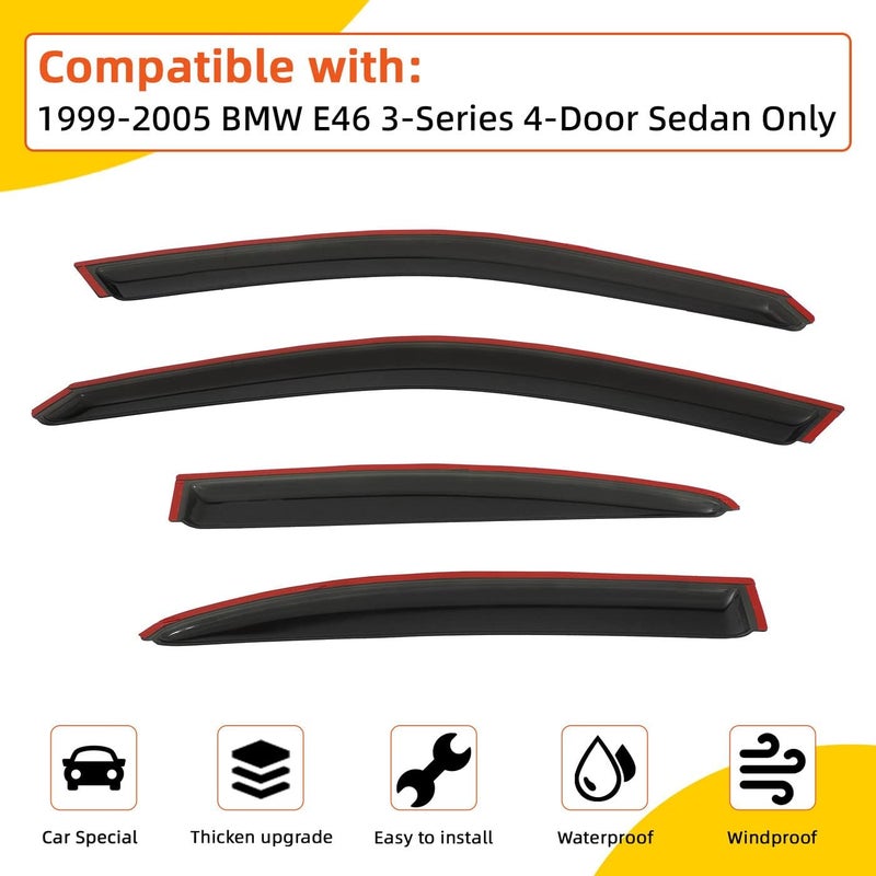 PLDDE Rain Guards Compatible with 1999-2005 BMW E46 3-Series 4-Door Sedan 320 323 325 328 330 i xi Tape-On Side Window Visor Wind Deflector Vent Visors Car Accessories - Image 2